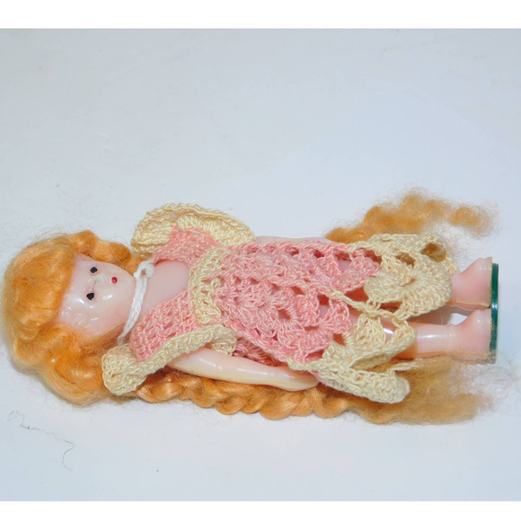 Very Old Vintage Celluloid Doll with Red Braided Hair Standing on Tax To… - Picture 2 of 9